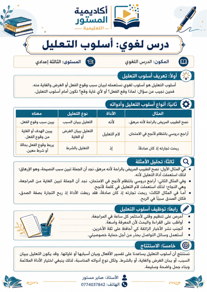 درس مبسط حول أسلوب التعليل، نتعرّف فيه على كيفية بيان سبب وقوع الفعل أو الحدث، باستعمال أدوات التعليل مثل: لأن، كي، لكي، من أجل، مع أمثلة واضحة تساعد على الفهم والاستعمال الصحيح.