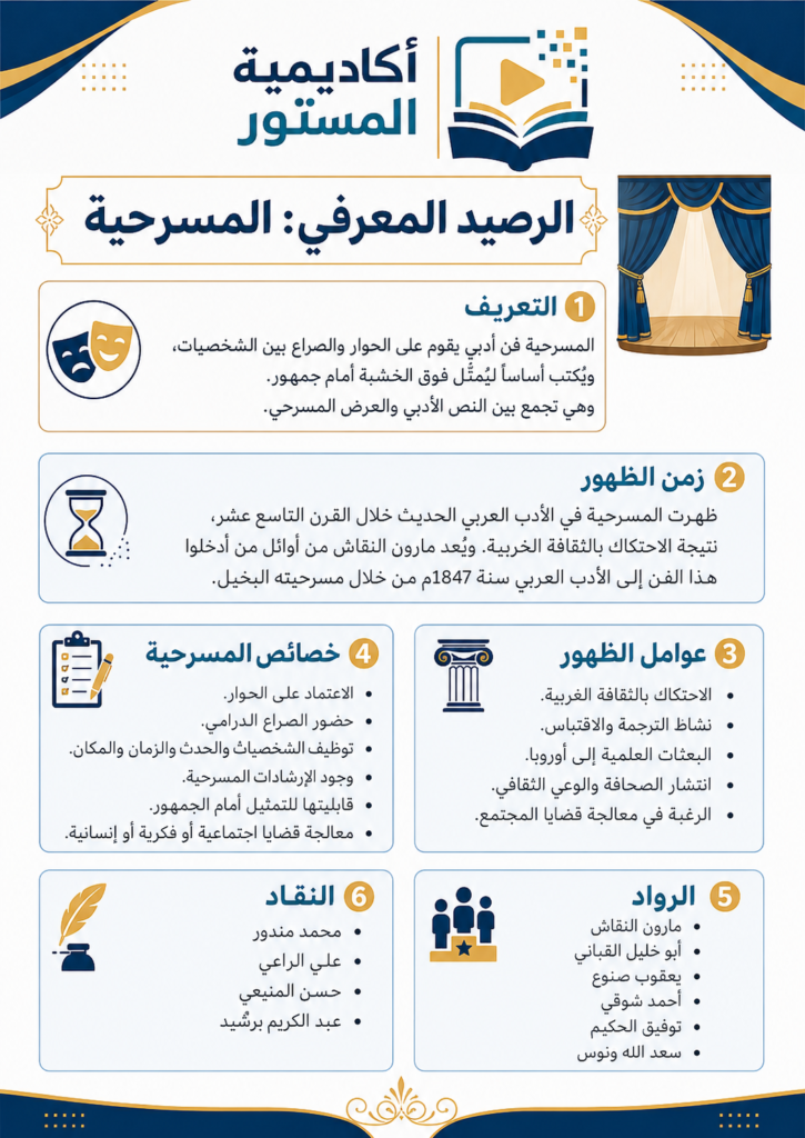 تُعد المسرحية من أهم الفنون الأدبية الحديثة في الأدب العربي، لأنها تجمع بين النص الأدبي والعرض المسرحي، وتعتمد على الحوار والصراع بين الشخصيات لتصوير قضايا الإنسان والمجتمع. ظهر فن المسرحية العربية في القرن التاسع عشر نتيجة الاحتكاك بالثقافة الغربية وحركة الترجمة والاقتباس، وكان مارون النقاش من أوائل روادها من خلال مسرحيته «البخيل». وتتميز المسرحية بمجموعة من الخصائص الفنية، أبرزها الحوار، الصراع الدرامي، الشخصيات، الحدث، الزمان، المكان، والإرشادات المسرحية. كما ساهم عدد من الرواد والنقاد في تطوير هذا الفن، مثل أحمد شوقي، توفيق الحكيم، سعد الله ونوس، محمد مندور، علي الراعي، حسن المنيعي وعبد الكريم برشيد. ويهدف هذا الرصيد المعرفي إلى مساعدة التلاميذ على فهم مفهوم المسرحية وخصائصها وعوامل ظهورها بطريقة مبسطة ومنظمة، استعداداً للفروض والامتحانات.